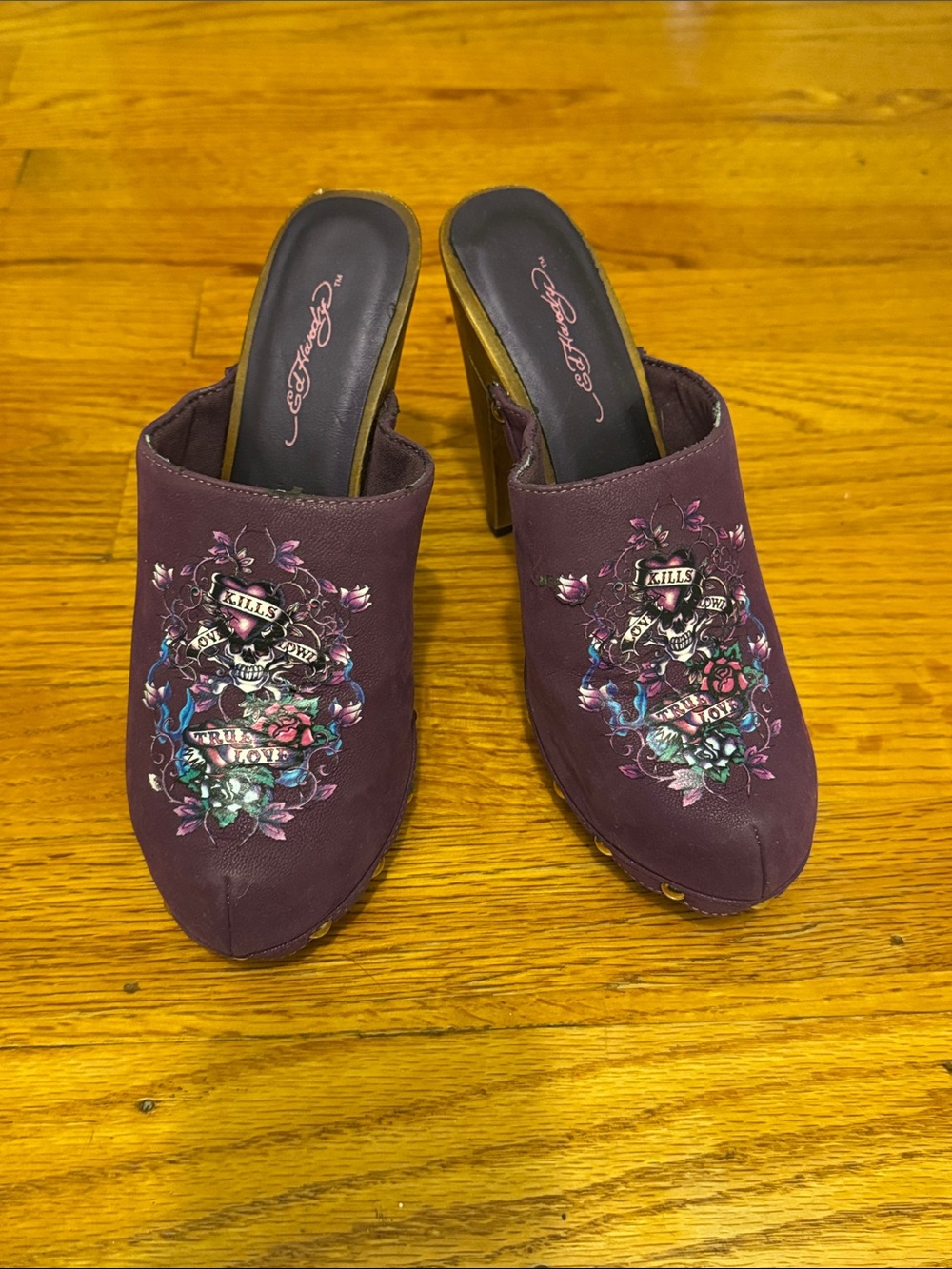 Ed Hardy Vintage Y2K Portland Purple Embroidered Skull Floral Mule Heels